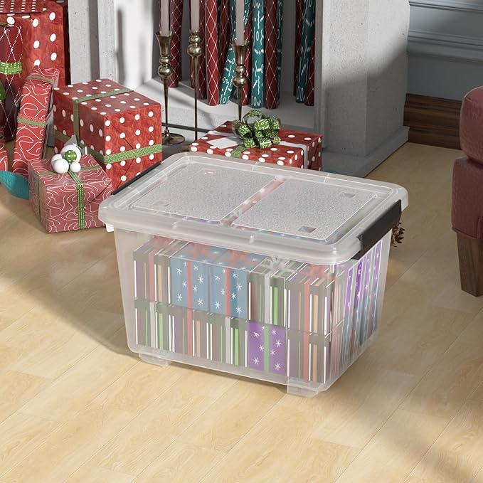 30 Quart Clear Storage Bins with Wheels and Latching Lid Stackable Plastic Totes with Snap Latches Nesting Containers 4 Packs