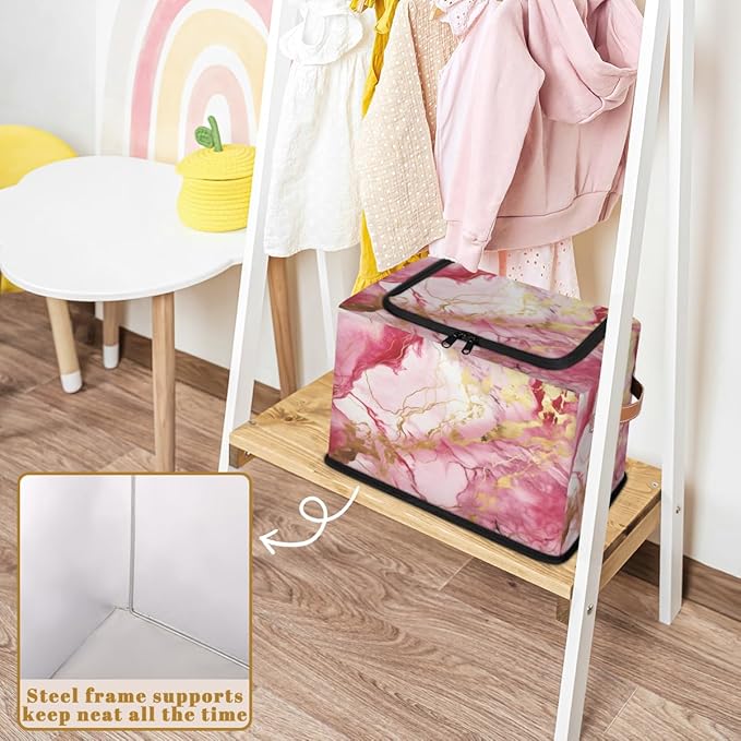Marble Storage Bins with Zipper Lid Pink Gold Fabric Lidded Storage Baskets Cubes with Handles Decorative Foldable Shelf Closet Organizer Container