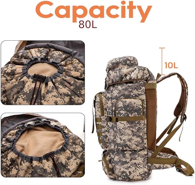 80L Camping Hiking BackpackMolle Military Tactical Rucksack BackpackWaterproof Lightweight Hiking Backpack for Outdoor (CP Camo 80L)