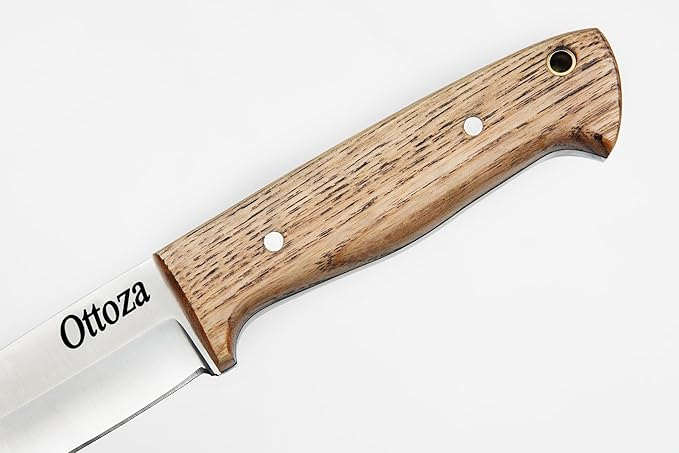 Ottoza Full Tang Bushcraft Knife with 1095 Carbon Steel Fixed Blade - Survival and Outdoor Camping Knife - Ash Wood Handle Brown Leather Sheath 403