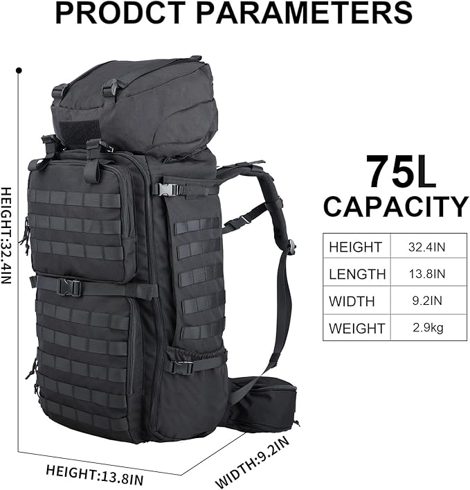 Zsearaymy 75L Hiking MOLLE Backpack with Internal Frame &amp Rain Cover for Tactical Camping Backpacking Survival Travel (Black)