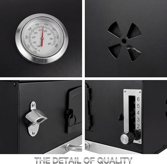 Large Built-in Barbecue Grills Charcoal BBQ Grills with Liftable Tray Insulated Hood &amp Temp Gauge Black Stainless Steel Charcoal BBQ Barrel Grill for Outdoor Kitchen Camping Park Style