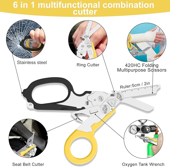 6 in 1 trauma shears folding emergency shear Outdoor Camping Tools Seat Belt Cutter Oxygen Cylinder Wrench Complimentary Adjustable Wrench (Black Yellow)