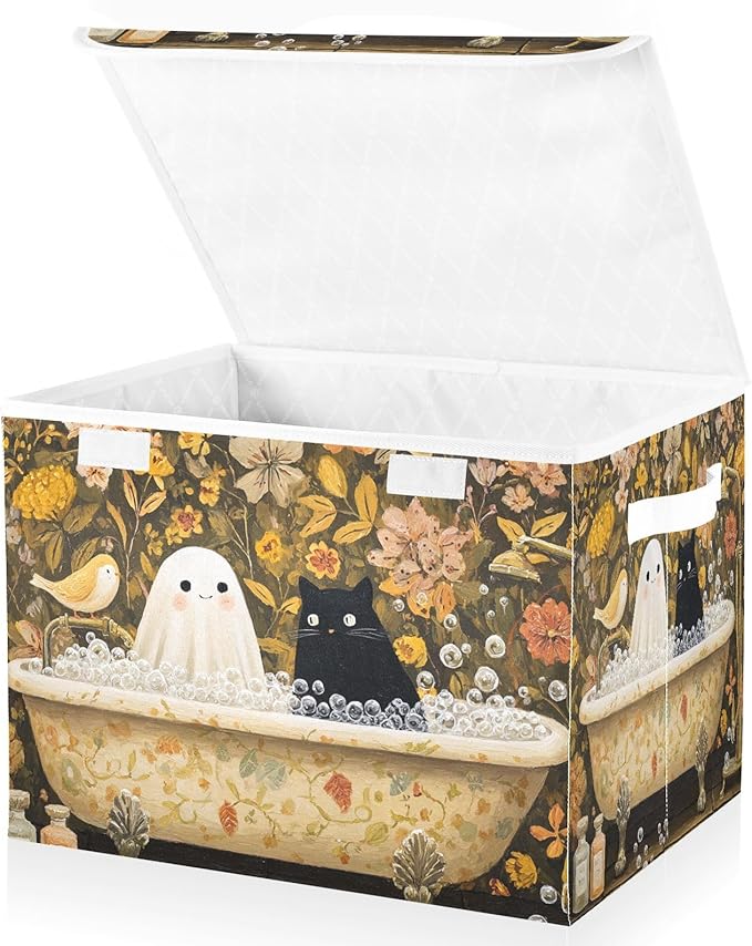 Halloween Ghost Cat Flowers Yellow Storage Box with Lid 1 PC Foldable Storage Bin with Lids Stackable Storage Bins Cube Closet Organizer Basket with Flip-Top Lid &amp Handles for Shoes Books Towels