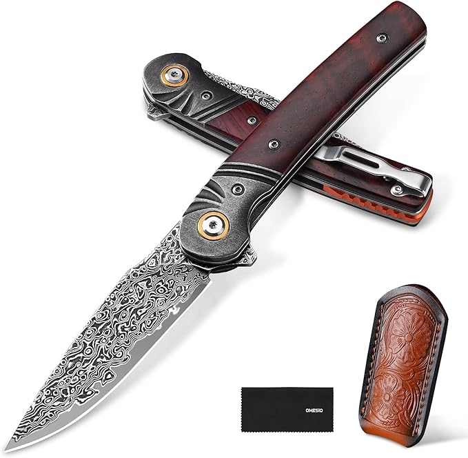 Omesio Damascus Folding Pocket Knife 3.27 Damascus Steel Blade Rosewood Handle EDC Knife with Clip &amp Sheath for Camping Hiking Outdoor Gifts for Men Women