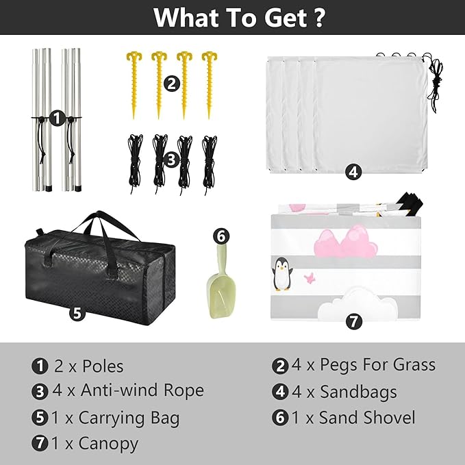 Penguins Beach Canopy Sun Shelter with Sandbags &amp Sand Shovel &amp Windproof Ropes - Portable 110x126 Beach Shade Beach Tent for Camping Picnics
