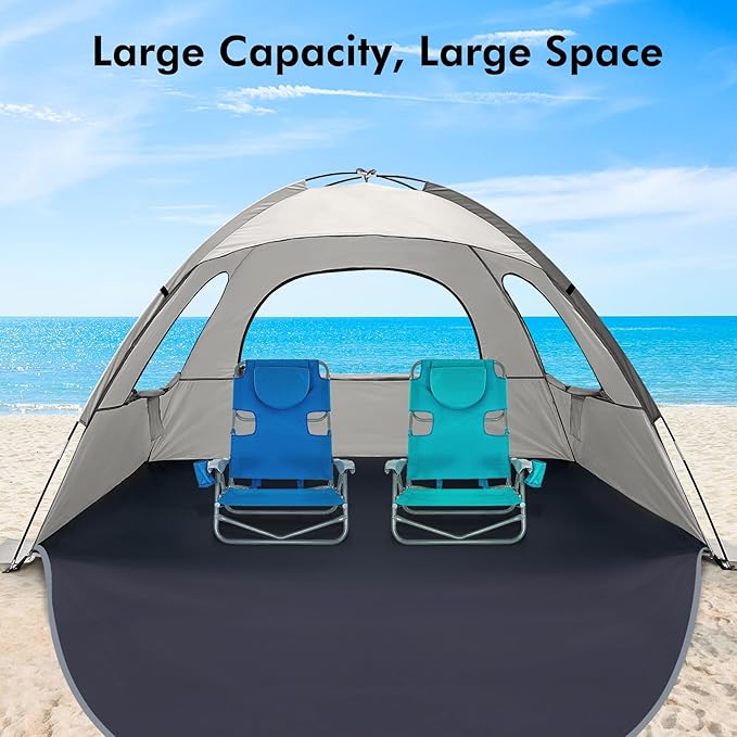 WhiteFang Beach Tent Anti-UV Portable Sun Shade Shelter for 3/4/6/8 Person Extendable Floor with 3 Ventilating Mesh Windows Plus Carrying Bag Stakes and Guy Lines