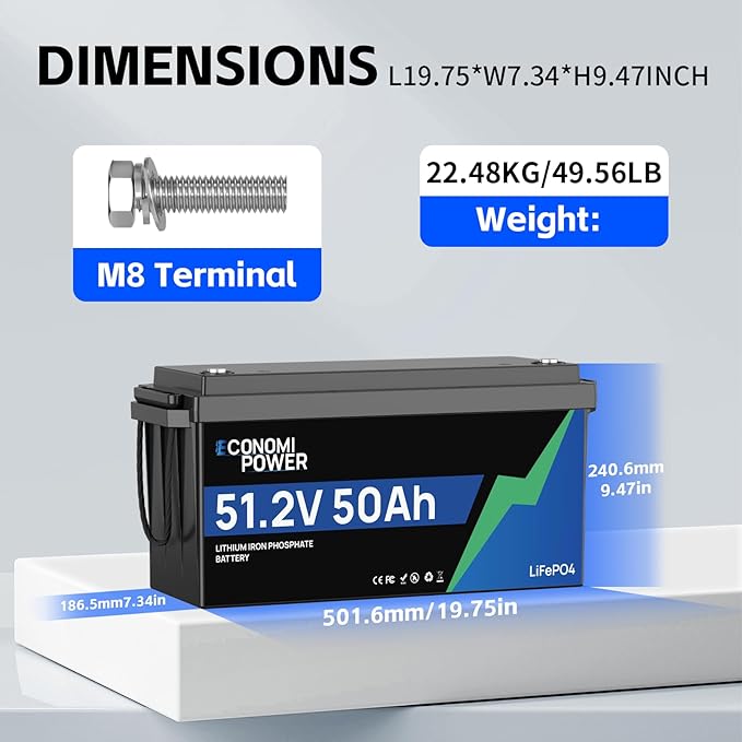 48V 50 Ah LiFePO4 Lithium Battery with Bluetooth &amp Built-In 50 A BMS A-Grade Cells 10 Years Lifespan Perfect for Solar Motorhomes Trolling Motors