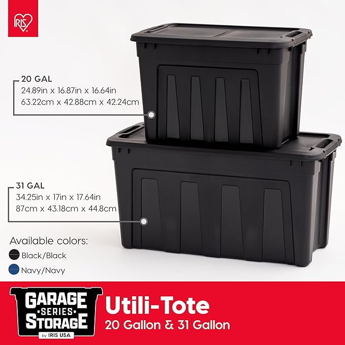 IRIS USA 31 Gallon Heavy Duty Storage Totes with Easy-Grip Handles 4 Pack - Large Bins with Lids Garage Organizing Tubs Durable Stackable Utility Containers Made in USA - Black