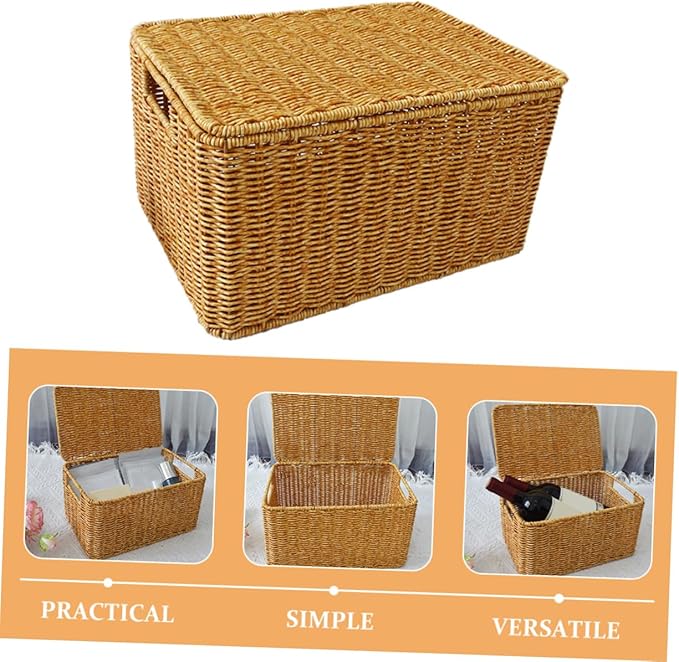 Garneck Faux Rattan Storage Box with Lid Small Sundries Organizer for Bedroom Wardrobe Living Rustic Style Household Storage Bin for Clothes and Books Practical Tiny House Furniture