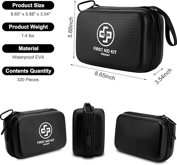 VRIEXSD Premium First Aid Kit 320 Piece Waterproof Hard Shell Eva First Aid Kit for Home Camping Cars Hiking Travel Businesses &amp Outdoor Emergencies - Emergency Medical Kits (Black)