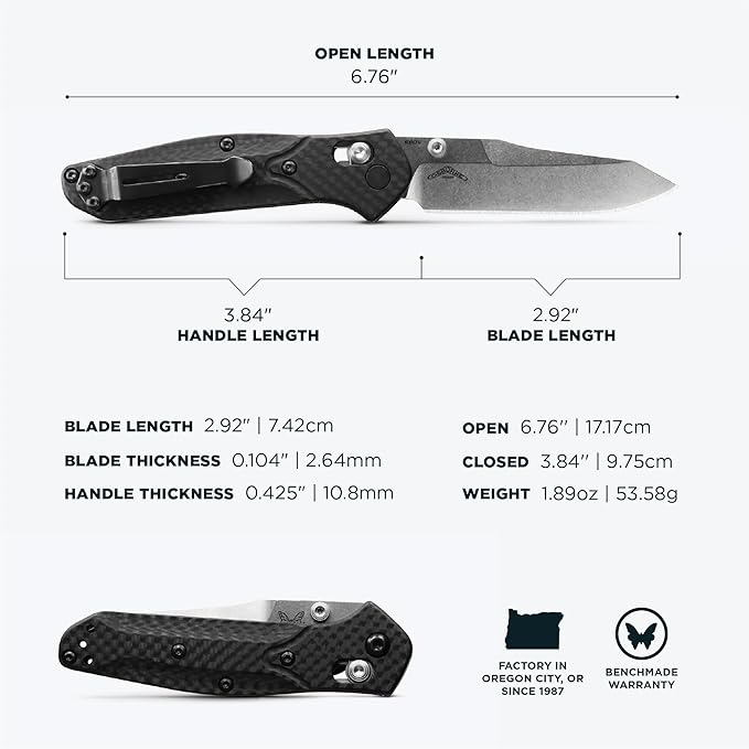 Benchmade - Mini Osborne Every Day Outdoor Folding Knife Reverse Tanto Blade with Black Carbon Fiber Handle (945-2)