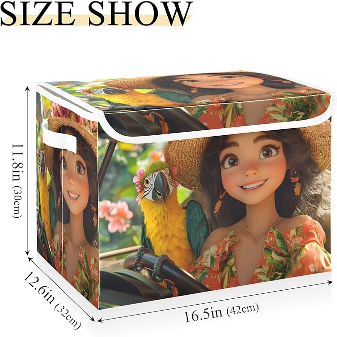 AIXIWAWA Lidded Storage Cube (Tropical Lady Parrot) Fabric Foldable Closet Bins with Flip Lid and Handles Organizer Basket Container 16.5 x 12.6 x 11.8 IN