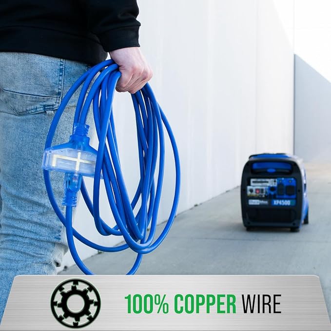 DuroMax XPX10025C Heavy Duty SJEOOW 25-Foot 10 Gauge Blue Triple Tap Lighted Extension Power Cord