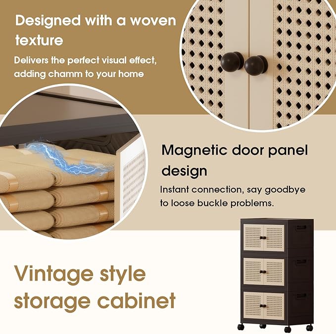CXCJAI Foldable Plastic Storage Cabinet with Wheels Rattan-Style Doors Stackable Organizer with Magnetic DoorsStorage Boxes for Living Room Bedroom Office 3-Tier