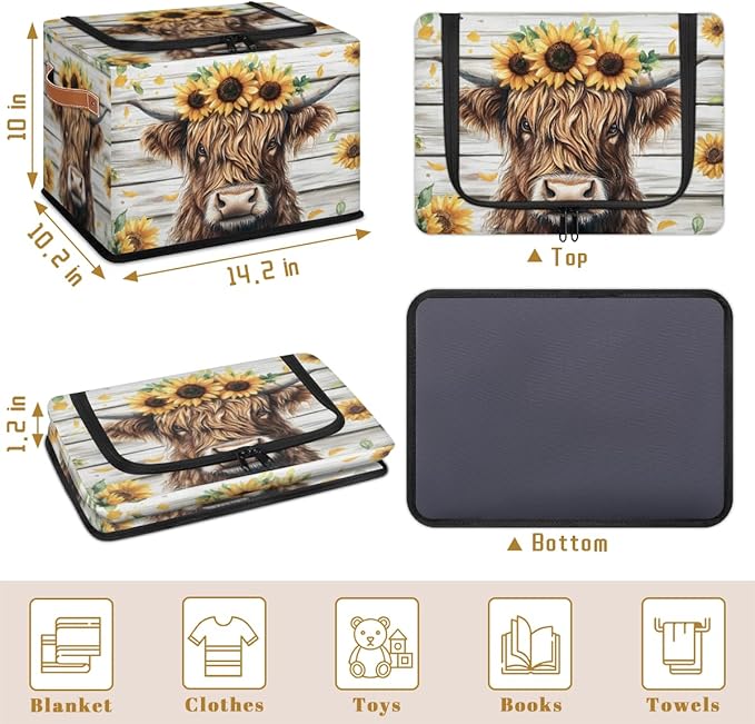Highland Cow Storage Bins with Zipper Lid Rustic Sunflower Fabric Lidded Storage Baskets Cubes with Handles Decorative Foldable Shelf Closet Organizer Container