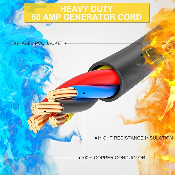 Rophor 50 Amp Generator Cord 50 Feet NEMA 14-50p to CS6364 &amp SS2-50R Generator Emergency Power Cord 125/250V 12500 Watts Perfect for Generator to House Connection