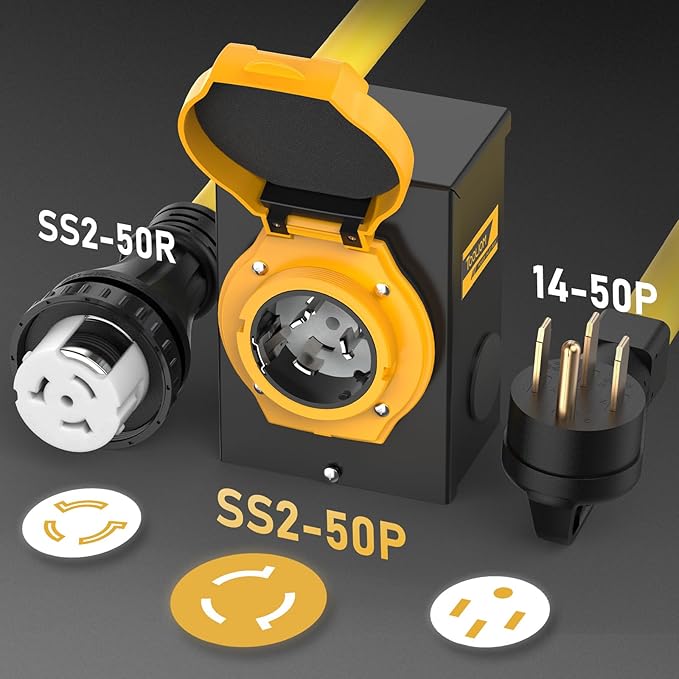 TOOLIOM 50 Amp Generator Cord 50FT and 50 Amp Generator Inlet Box NEMA 14-50P/SS2-50R Twist Lock 125/250V 12500W 6/3+8/1 AWG SJTW Generator Power Cord Pre-Drilled Generator Inlet Box UL&ampETL Li