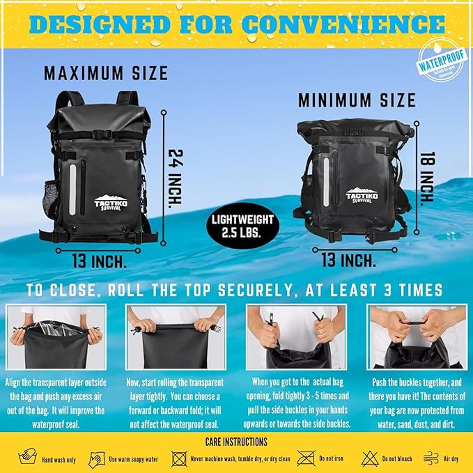 Tactiko Survival 30L Heavy-Duty 100% Waterproof Backpack - Equipment Pocket Carabiner - Roll Top Floating Dry Bags (Jet Black)
