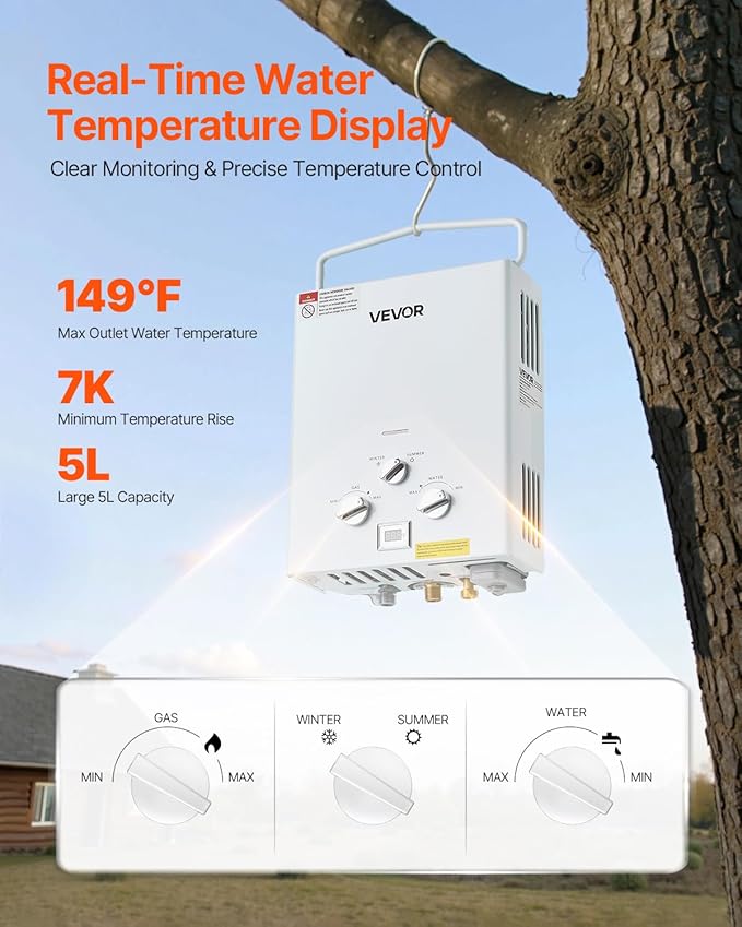 VEVOR Portable Propane Water Heater 5L Tankless Outdoor Water Heater 34000 BTU 1.32 GPM Instant Hot Water with Accessory Set + Regulator +Water Pump for RV Camping Trips Cabins Barns