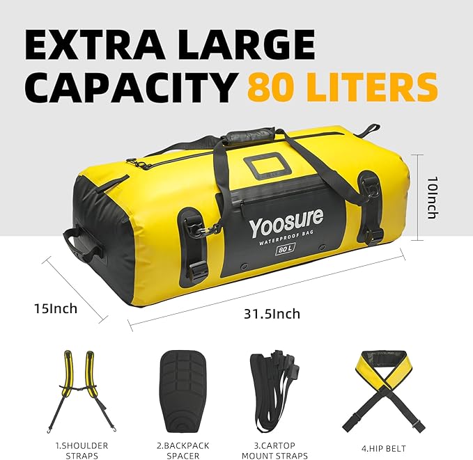 80L Waterproof Duffel Bag Motorcycle Dry Bag Backpack Waterproof Zippered Bags with Backpack Spacer Pad for Kayaking Rafting Boating Canoeing Camping Paddle Beach (Yellow)