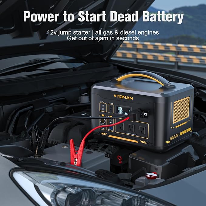 VTOMAN Jump 1800 Portable Power Station &amp12V Car Jump Starter 1548Wh LiFePO4 Battery Solar Generator with Jumper Cable 1800W 3xAC Outlets 2xPD 100W for Camping Roadside Rescue