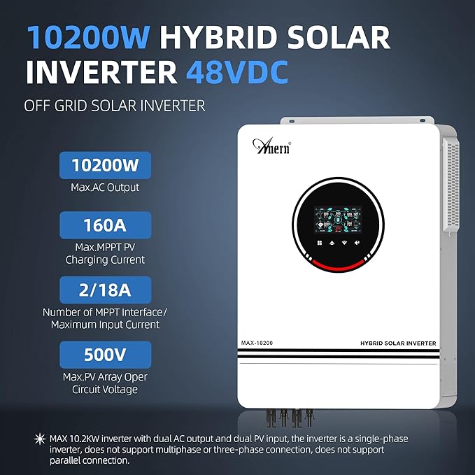 10.2KW Hybrid Solar Inverter All in One 48V to 220V-230VAC for Home RV Backup Off-Grid Living Pure Sine Wave Inverter with 160A MPPT Charge Controller Works with Lead-Acid &amp Lithium Battery