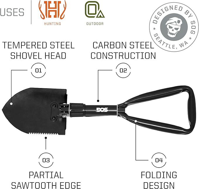 SOG Tactical Tomahawk- Throwing Hatchet Versatile Survival Tactical Axe and Emergency Breaching Tool &amp Entrenching Tool- 18.25 Inch Folding Survival Shovel with Wood Saw Edge - Black (F08-N)