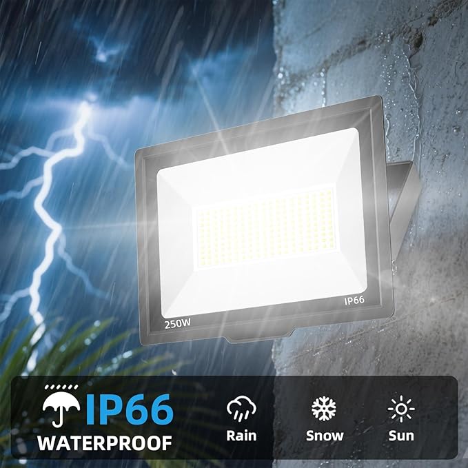 2 Pack 250W LED Flood Lights Outdoor Super Bright Exterior Security Light with Plug IP66 Waterproof Flood Light 30000LM 6000K Daylight White Floodlight for Yard Garden Basketball Court Arena