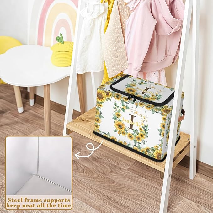 Personalized Sunflower Initials Storage Bins with Zipper Lid Custom Fabric Storage Boxes Foldable Closet Organizers Cubes for Clothes Shelves Home Decorative 2PCS Summer Flower