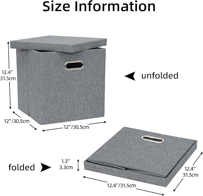 Storage Bins with Lids Collapsible Linen Fabric Boxes Organizer Containers with Lid Foldable Storage Box Basket for Closet Shelves Home Office 12 x 12 x 12.4 Inch 4 Pack Dark Gray