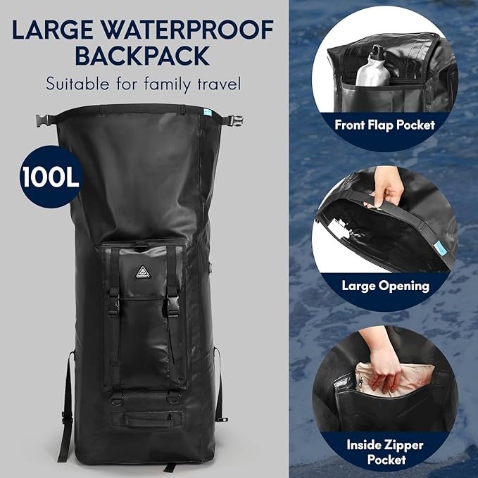Haimont Large Waterproof Dry Backpack IPX7 Roll-top Dry Marine Dry Bag for Men Kayaking Rafting 100L Black