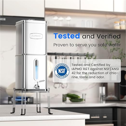 Purewell Square 2.25G Alkaline-Enhanced Gravity Water Filter System with Water Level Window &amp Smart Timer 4-Stage Filtration Certified to Reduce Lead Mercury and Chlorine Up to pH 9 SQH-2.25