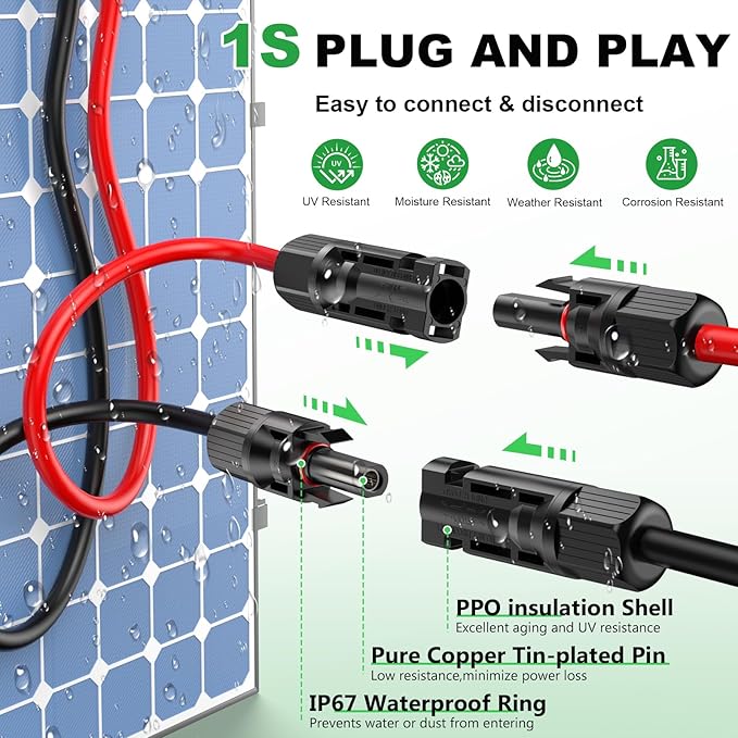 Oududianzi Solar Extension Cable 60Ft 10AWG Solar Cable 10 Gauge Tinned Copper PV Wire Solar Panel Wires and connectors for Home Roofs RV Camping Boats Solar Panels Set of 2