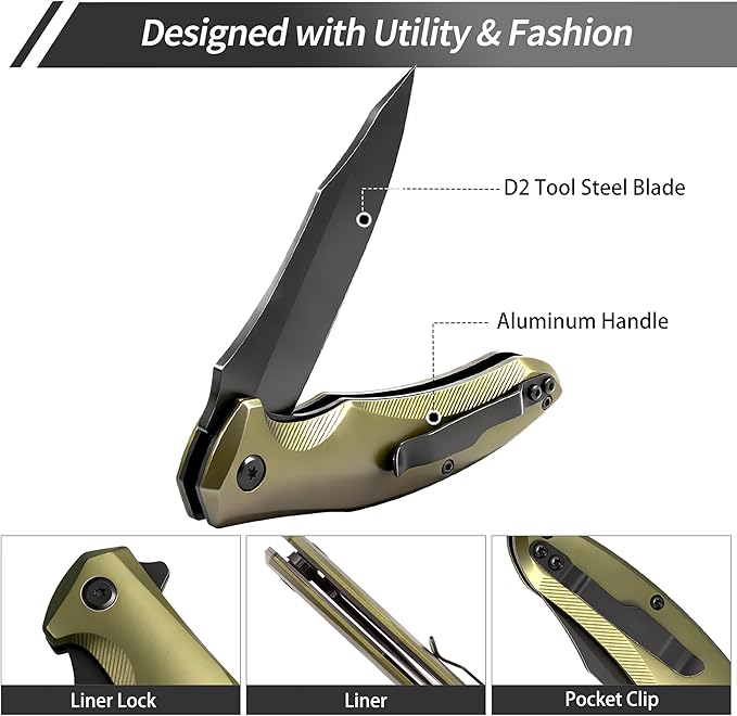 Ranger VR-09G Folding Knife - D2 Steel Blade HRC 60-65 Premium EDC Pocket Knife with Textured Olive Green Aluminum Handle Solid Liner Lock &amp Deep Carry Clip for Camping Fishing Hiking Work &a