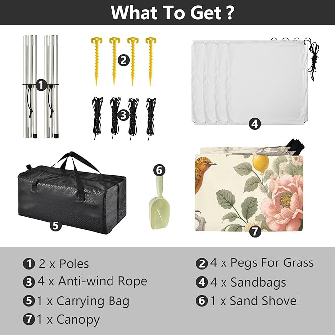 Lemon Floral and Birds Beach Tent Sun Shelter Set UPF50+ UV Protection 10.5 x 9.19 FT Camping Shade Canopy with Sandbags Sand Anchors Carrying Bag and Others