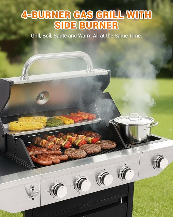 EUHOME 4-Burner Propane Gas BBQ Grill with Side Burner 46500 BTU Output Stainless Steel Barbecue Grill with Enameled Cast Iron Grates and Side Tables for Outdoor Cooking Kitchen and Patio Backyard