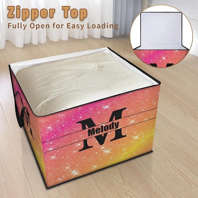 Custom Storage Baskets Cubes for Home with Name Initial letter Large Foldable Organizer Storage Bins for Home Blanket Comforters Clothes Closet Nursery Pink Yellow Orange Bling Shiny Stars