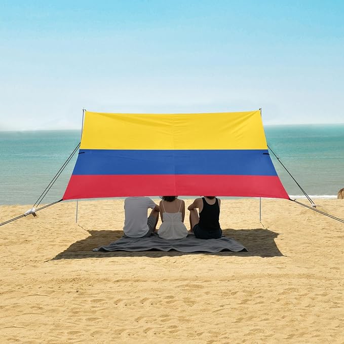 Colombia Colombian National Flags Blue Red Yellow Foldable Beach Cabana UPF50+ Protection Easy Setup Sun Shelter with Sandbags Sand Shovel Poles for Backyard and Camping