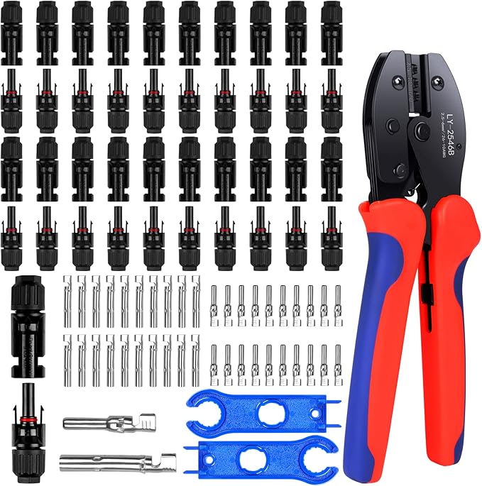20 Pairs Solar Panel Connectors Kit with Crimper Tool - Professional Connectors Set Includes Crimping Pliers 2 Wrenches &amp 40 PCS Male/Female Wiring Kits for Solar Systems Installation