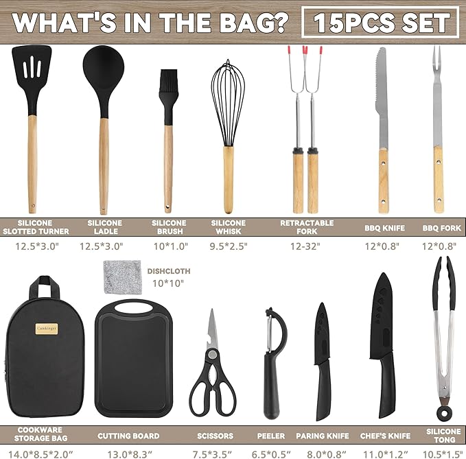 Camping Accessories Kitchen Cooking Utensils Set - Portable Outdoor Camp Cookware Set Silicone Camper Essentials Gear Must Have Supplies for Travel RV BBQ Grill Picnic Hiking