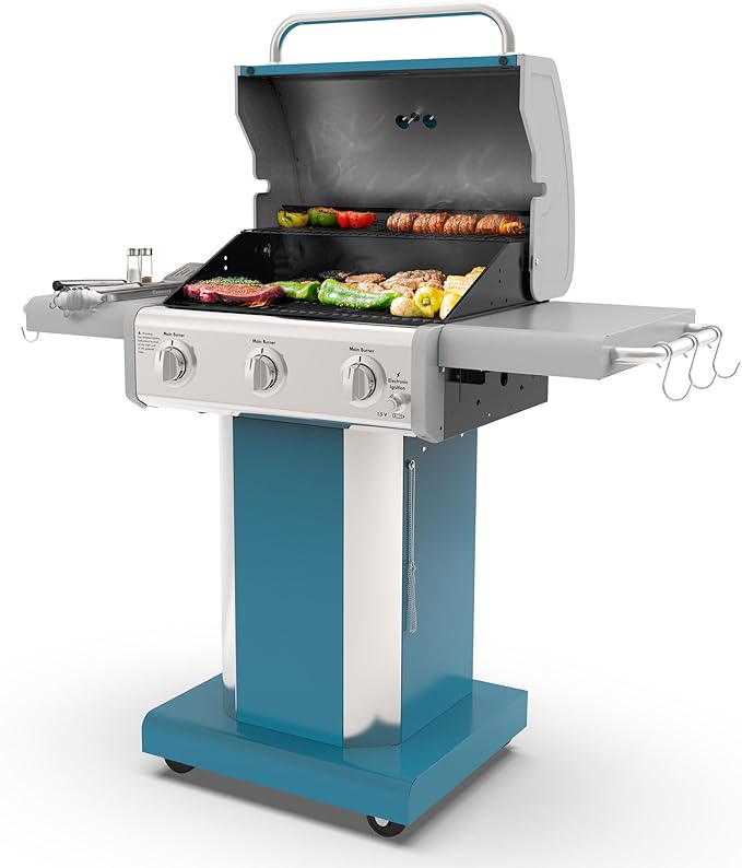 Kenmore 3-Burner Propane BBQ Grill 30000 BTUs Gas Grill with Cast Iron Cooking Grates Folding Side Tables &amp Wheels Outdoor Grill with Tool Hooks Teal