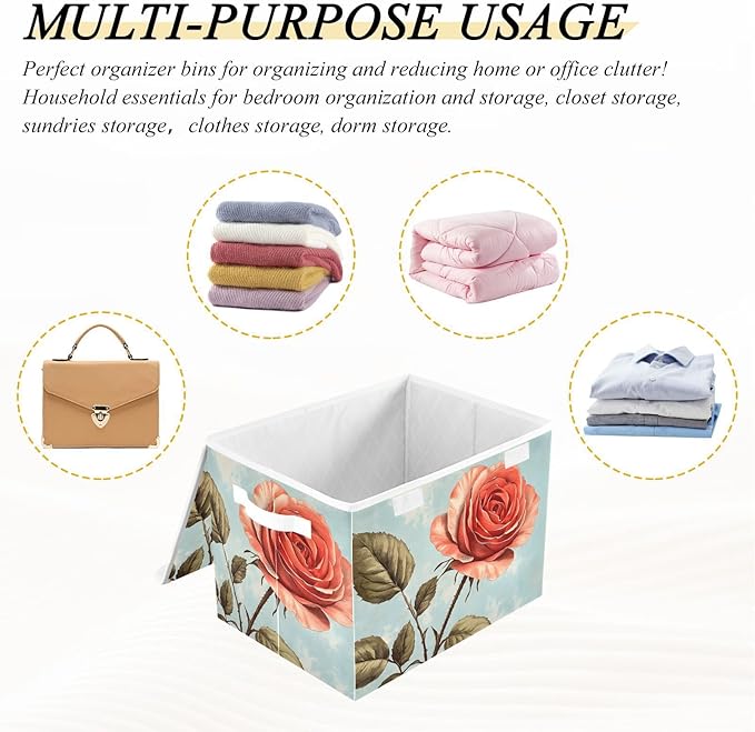 AIXIWAWA Lidded Storage Cube (Vintage Flower) Fabric Foldable Closet Bins with Flip Lid and Handles Organizer Basket Container 16.5 x 12.6 x 11.8 IN