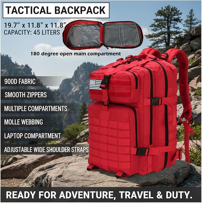 45L Military Tactical Backpack for Men &amp Women Bug Out Bag Assault pack Molle Daypack Hiking Trekking Rucksack(45L red)
