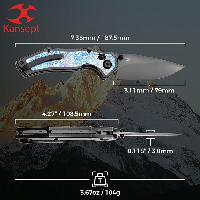 KANSEPT Apollo Pocket Knive 3.11Mirror DLC CPM S35VN Blade Blackwash Titanium inlaid Timascus Handle with ThumbStudCross Bar Lock Folding for Men WomenSharp Camping Survival Hiking Knives K2107V5