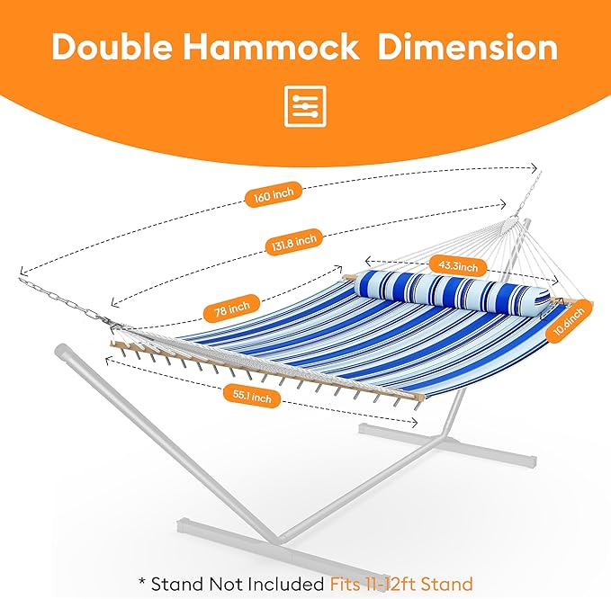Double Hammock with Spreader BarSoft PillowMax Load 500lbsPortable Hammock for OutdoorCampingand BackyardAqua Blue
