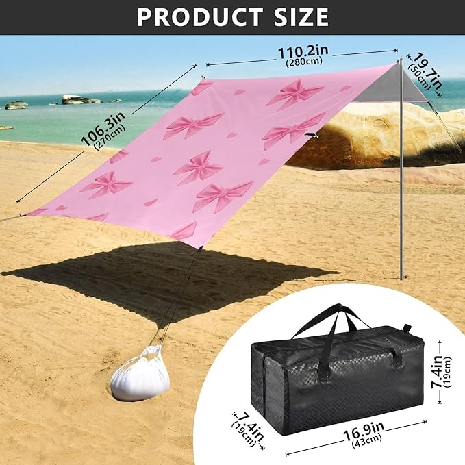ALAZA Bow Heart Stripe Beach Tent Sun Shelter Portable Canopy Sunshade for Outdoor Camping Picnics Backyard Fun 10x9 ft
