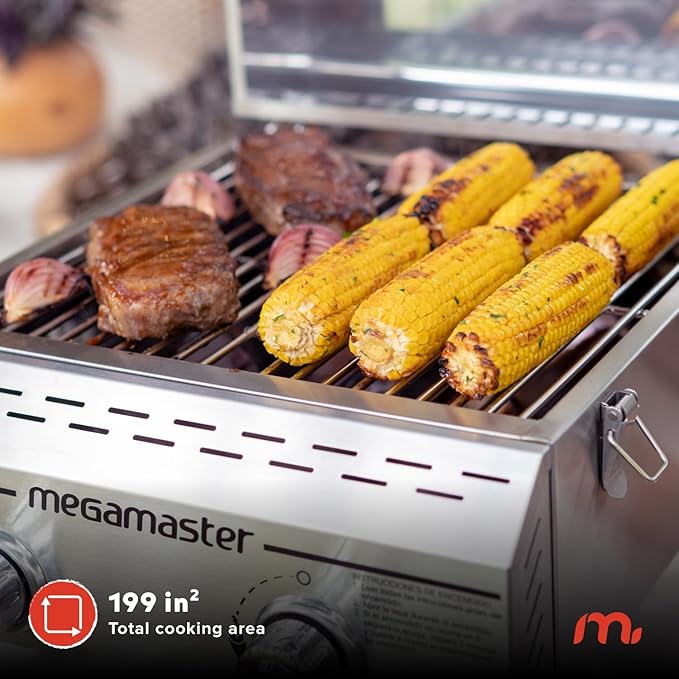 Megamaster 2-Burner Stainless Steel Portable Gas Grill with Built-In Lid 16000 BTUs Foldable Legs Small Propane Grill for Outdoor Cooking Camping Tailgating Patios and More - 820-0033M