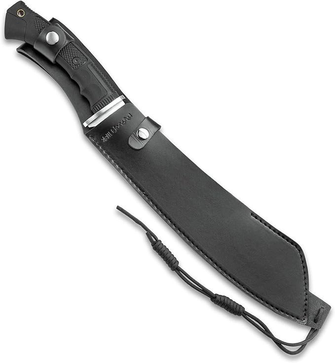 HONSHU Boshin Parang with Leather Belt Sheath - 7Cr13 Stainless Steel Blade Weight-Reducing Thru-Holes Molded and Textured TPR Handle Lanyard Hole Go-To Battle Ready Tactical Tool - Length 19 1/2”