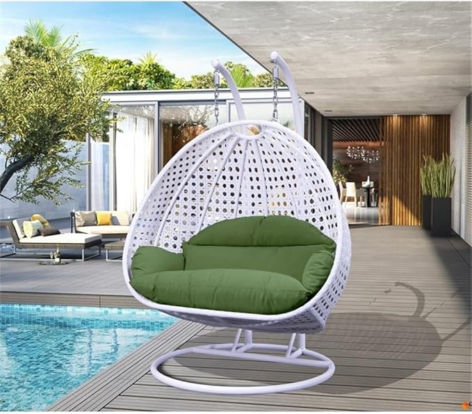 LeisureMod 2 Person Hanging Egg Chair Indoor Outdoor Patio Lounge Swing with White Stand &amp UV-Resistant Cushions Hammock Chair for Bedroom &amp Garden Dark Green